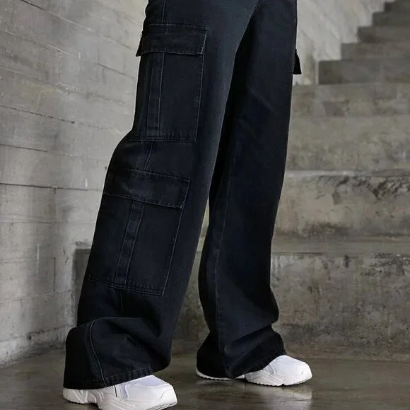 Black Casual Womens Zipper Fly Flap Pocket Boyfriend Jeans - Picture 5 of 5